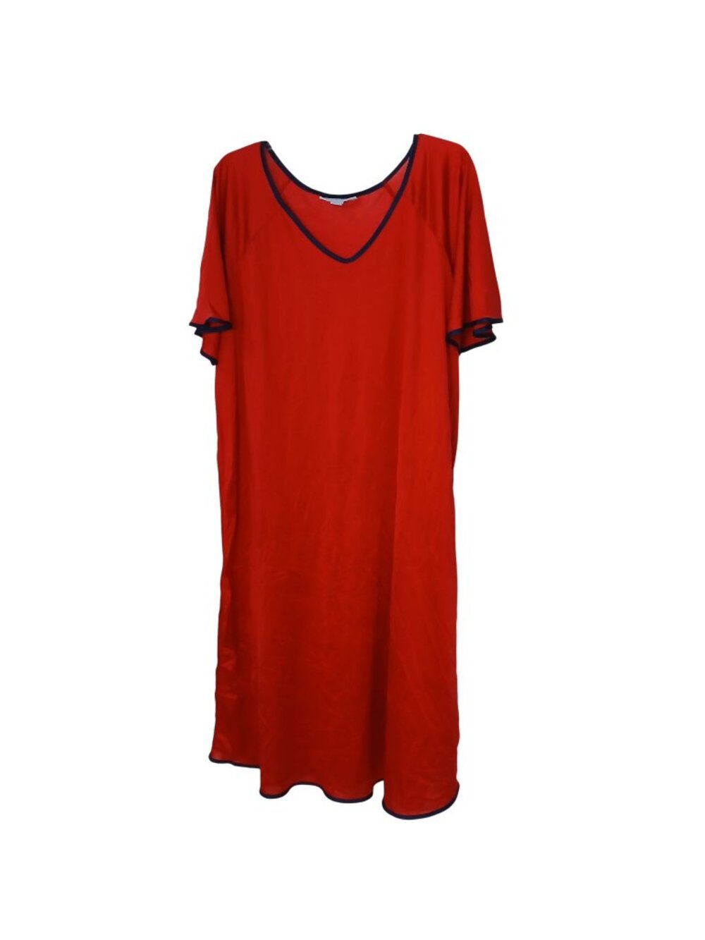 Only Necessities Womens 1X Red Nightgown Navy Trim Short Sleeve 100% Nylon #I-11